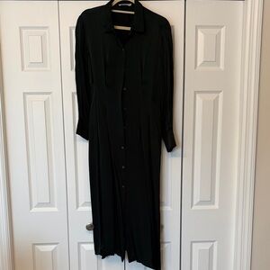 Everlane Classic Dark Forest Green Silk Long Sleeve Shirt Dress